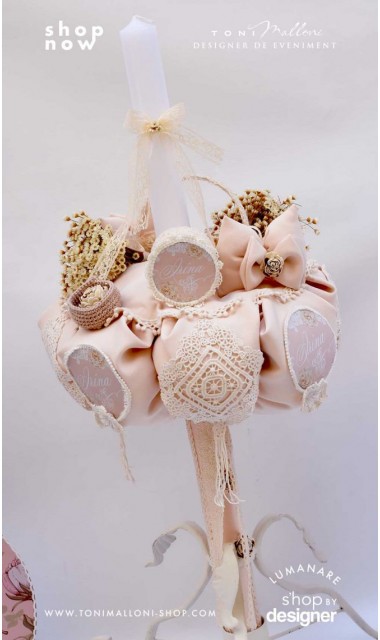 Lumanare de botez cu dantela bumbac crem si flori uscate Chic Flower 4